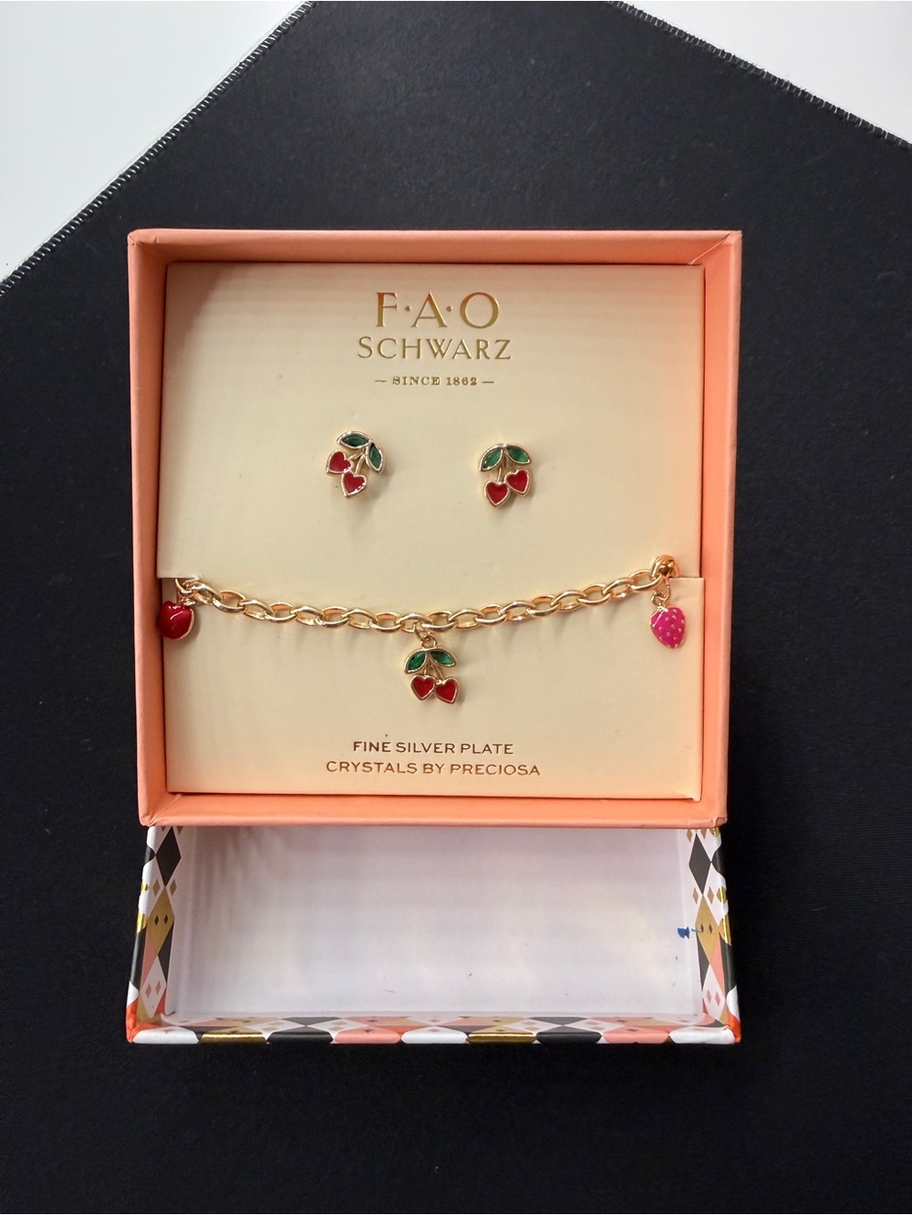 FAO SCHWARZ Cherry Strawberry Charm Bracelet & Earrings Set